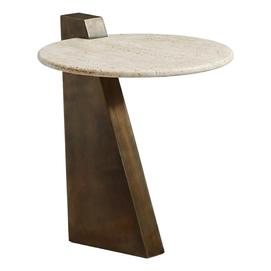 Round Travertine Top Side Table with Bronze Base
