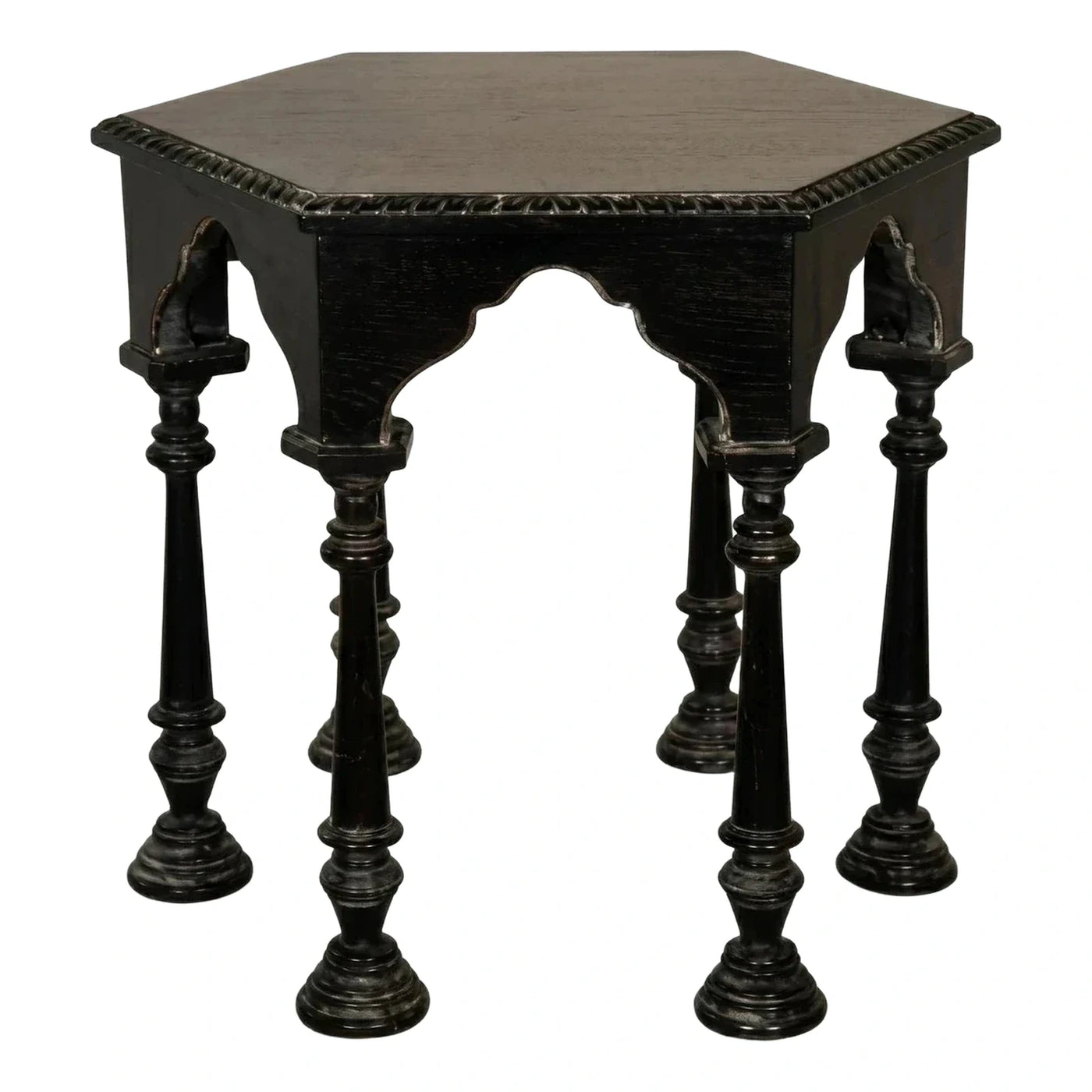 Distressed Black Hexagonal Wood Side Table with Turned Legs