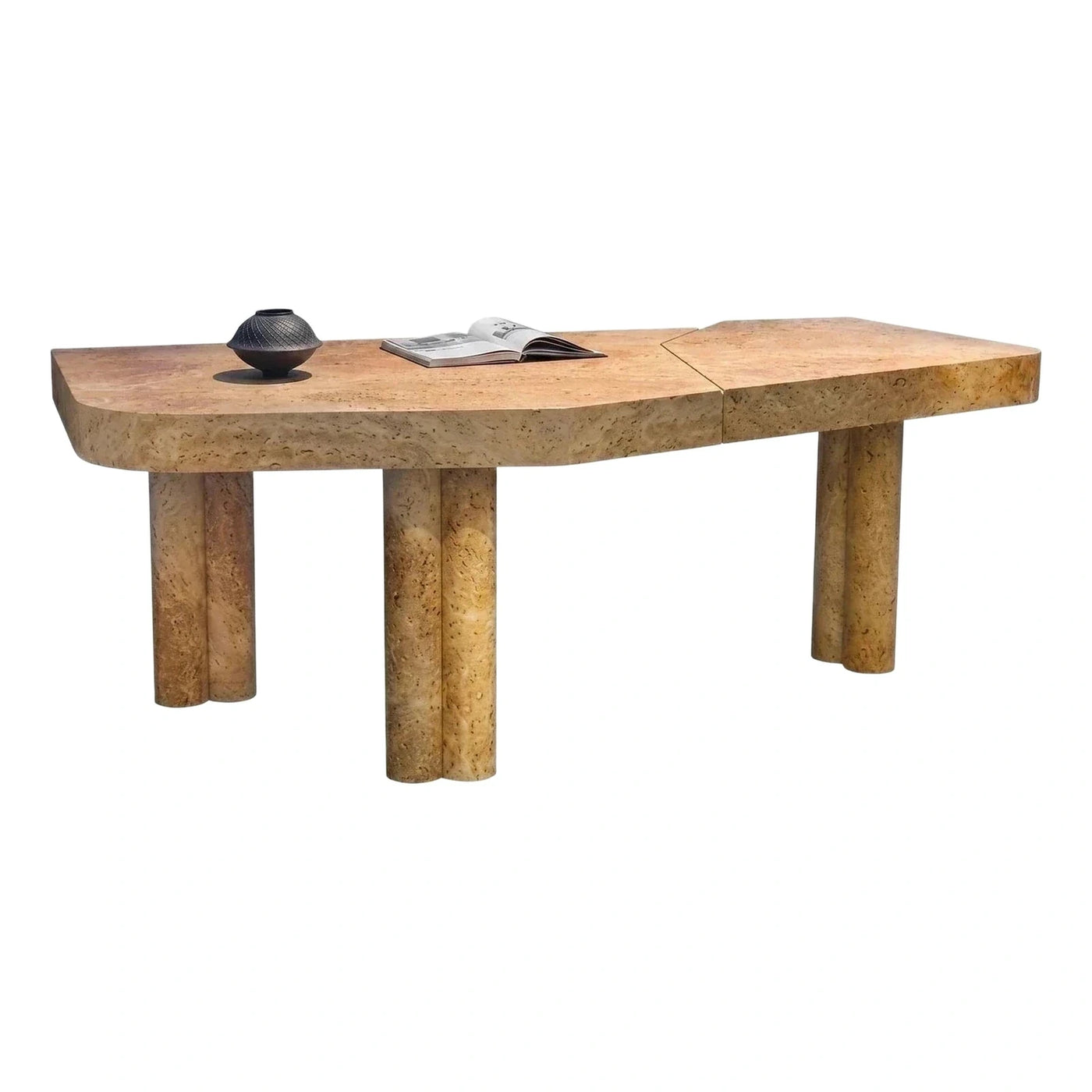 Sculptural Beige Stone Coffee Table with Cylindrical Legs