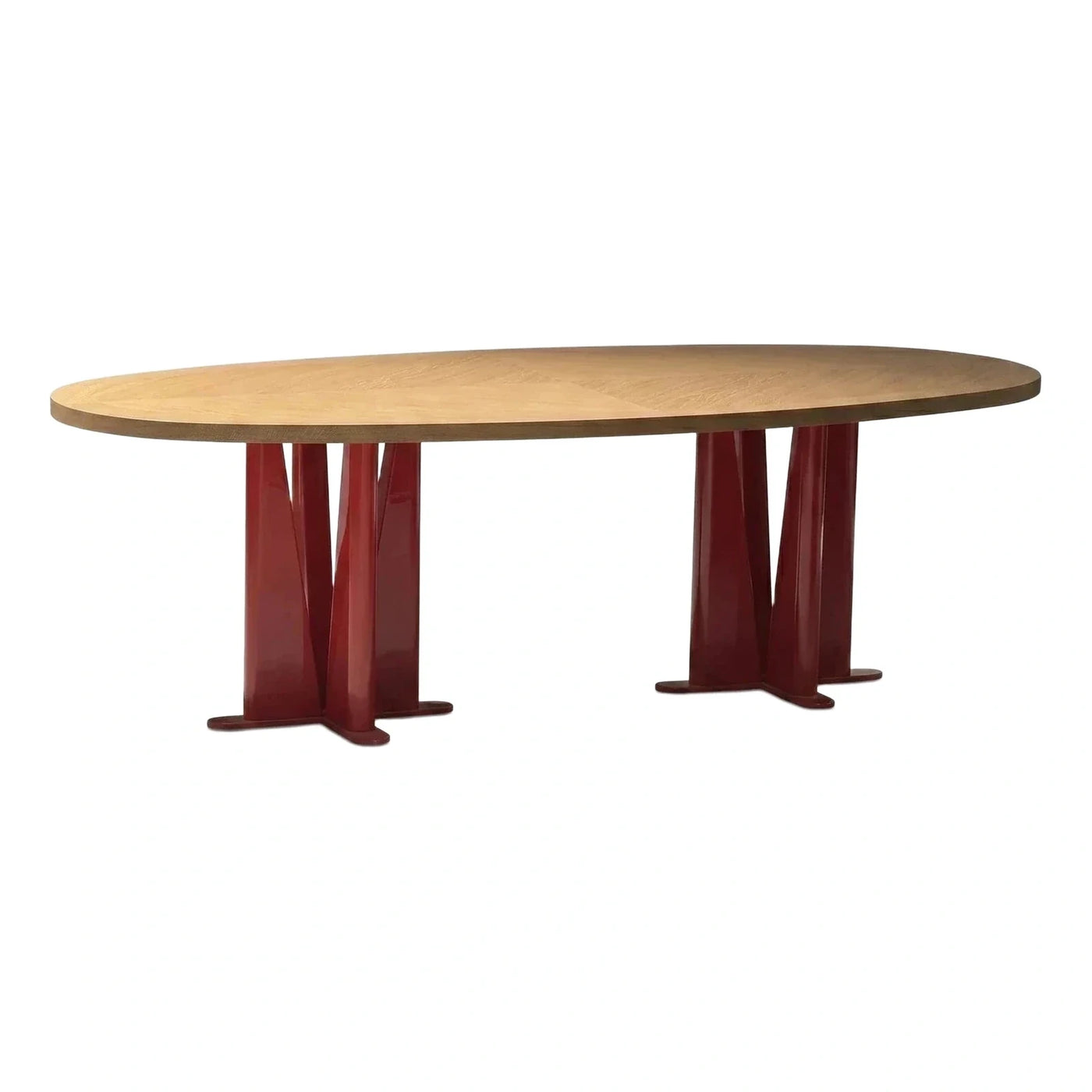 Oval Wood Dining Table with Red Pedestal Base
