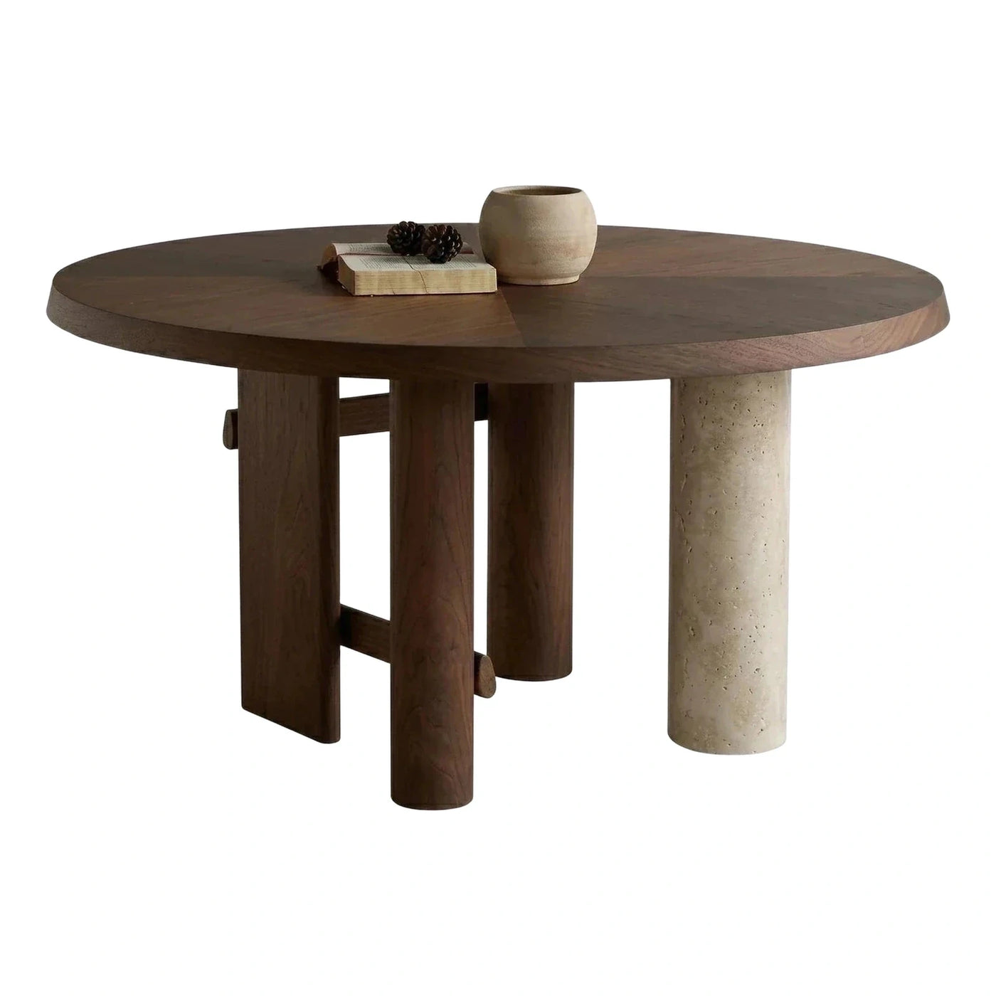 Round Wood Dining Table with Mixed Stone Base