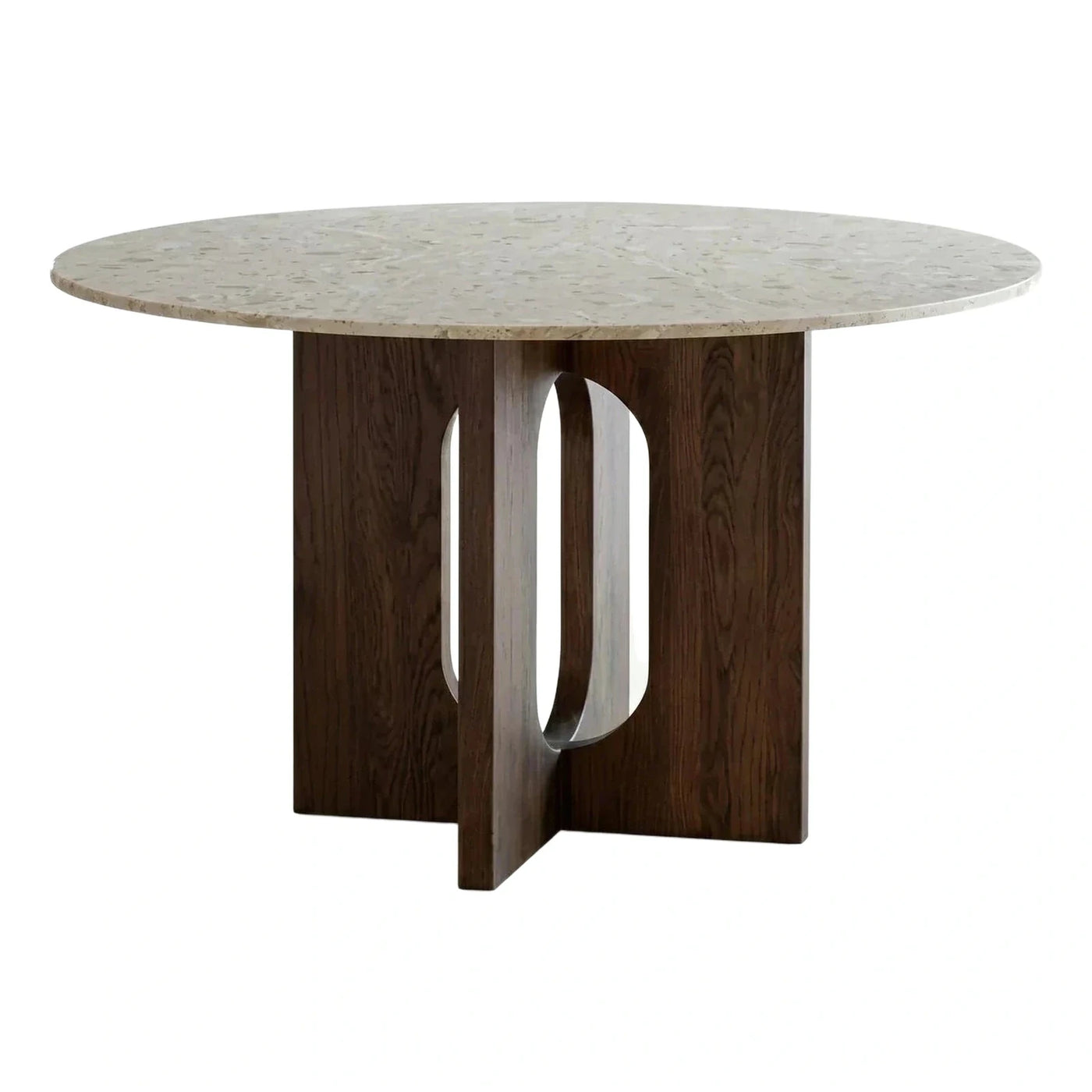 Round Stone Top Dining Table with Sculptural Wood Base