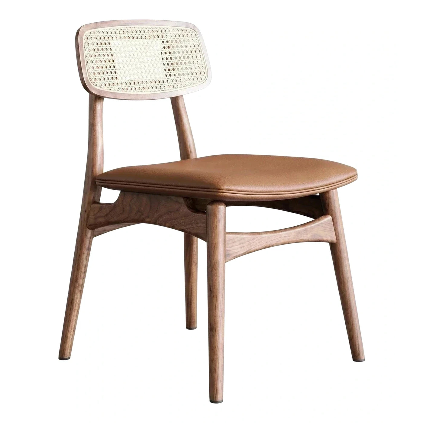 Walnut Wood Dining Chair with Cane Back and Leather Seat