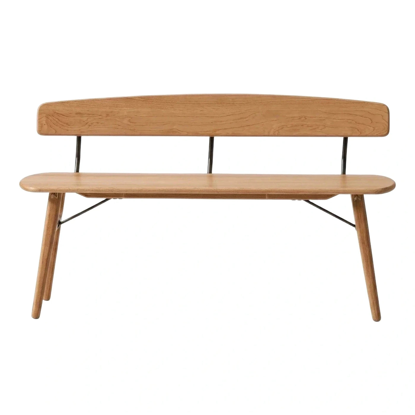 Light Wood Dining Bench with Black Metal Backrest Supports