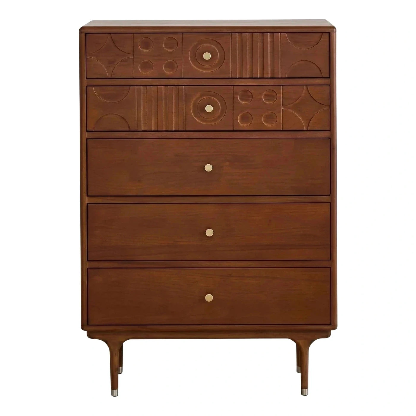Geometric Walnut Wood Five Drawer Chest Dresser