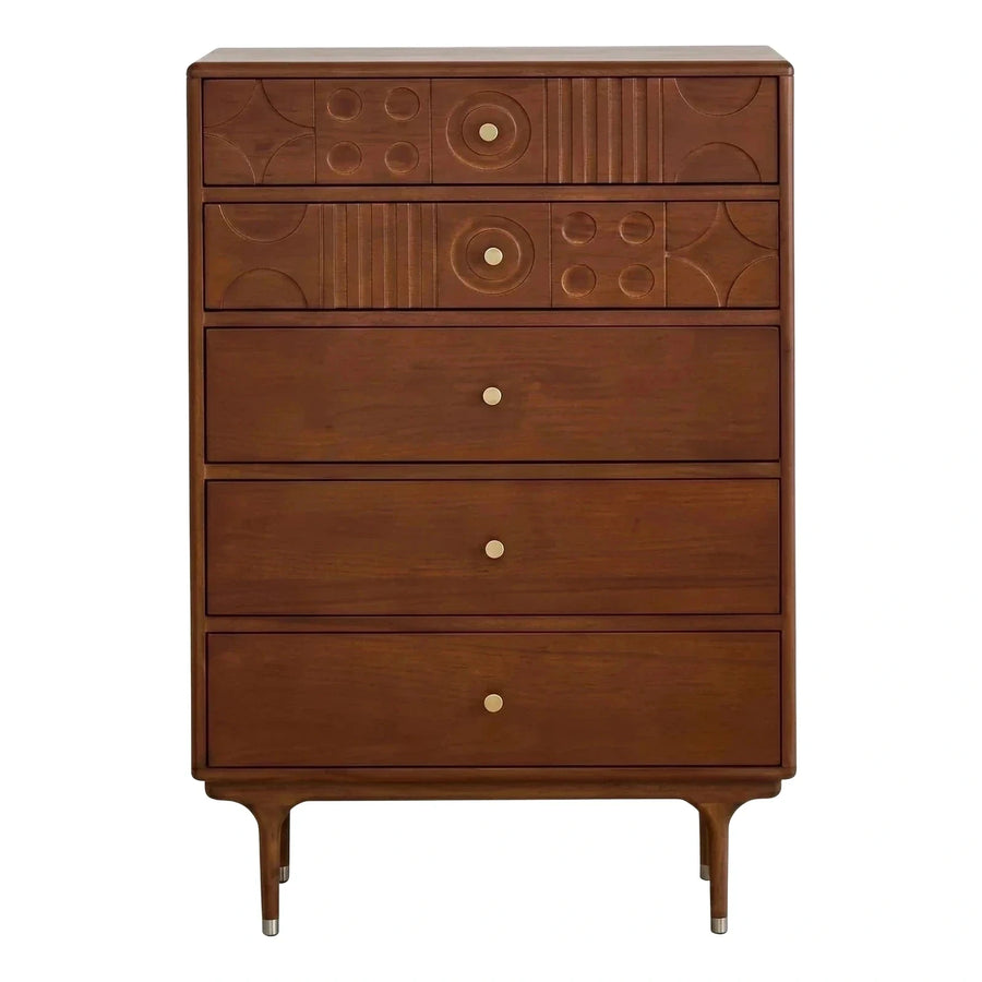 Geometric Walnut Wood Five Drawer Chest Dresser