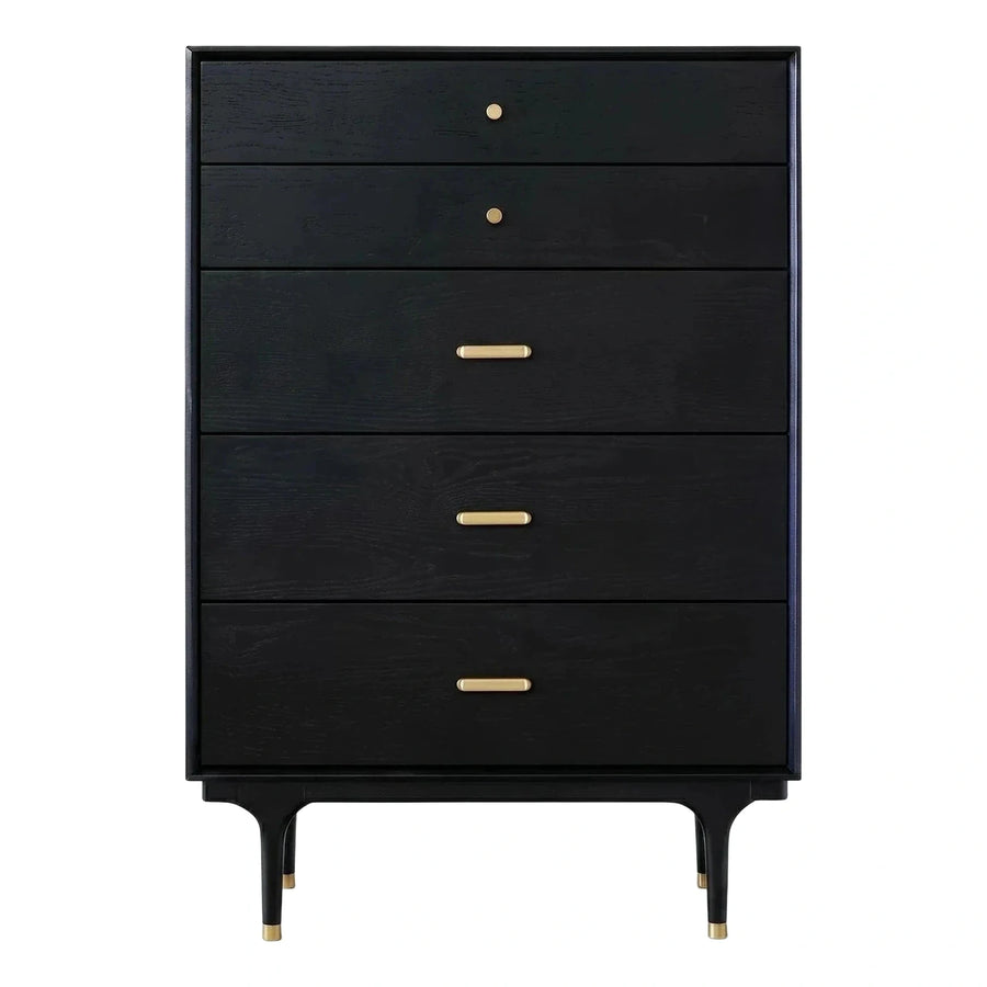 Modern Black 5-Drawer Chest with Brass Hardware