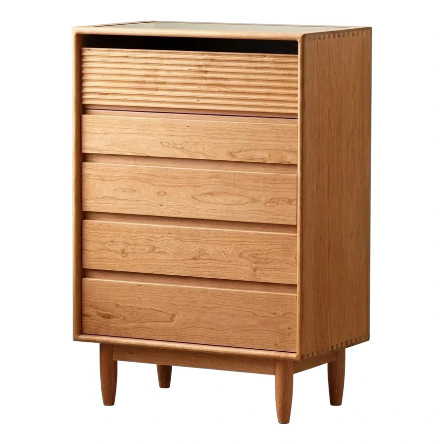 Natural Wood Five Drawer Chest with Glass Top