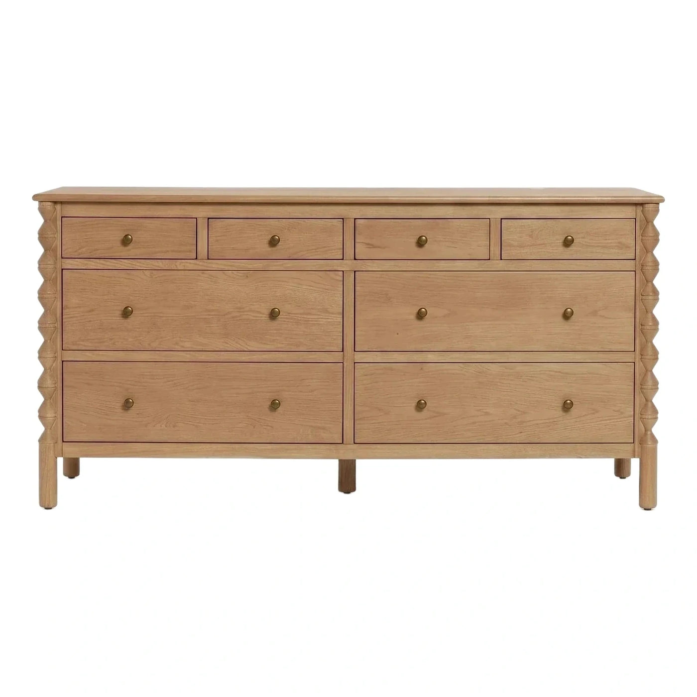 Light Oak Eight Drawer Dresser with Turned Legs