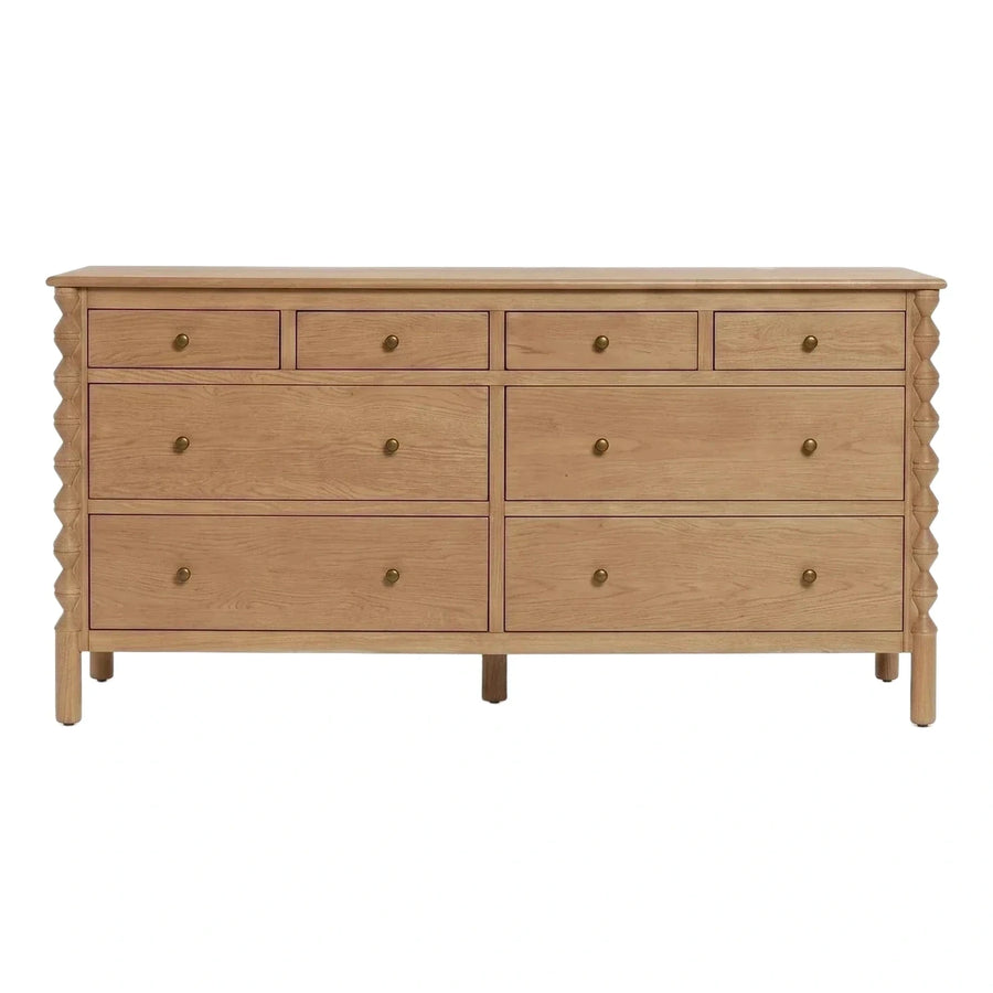 Light Oak Eight Drawer Dresser with Turned Legs