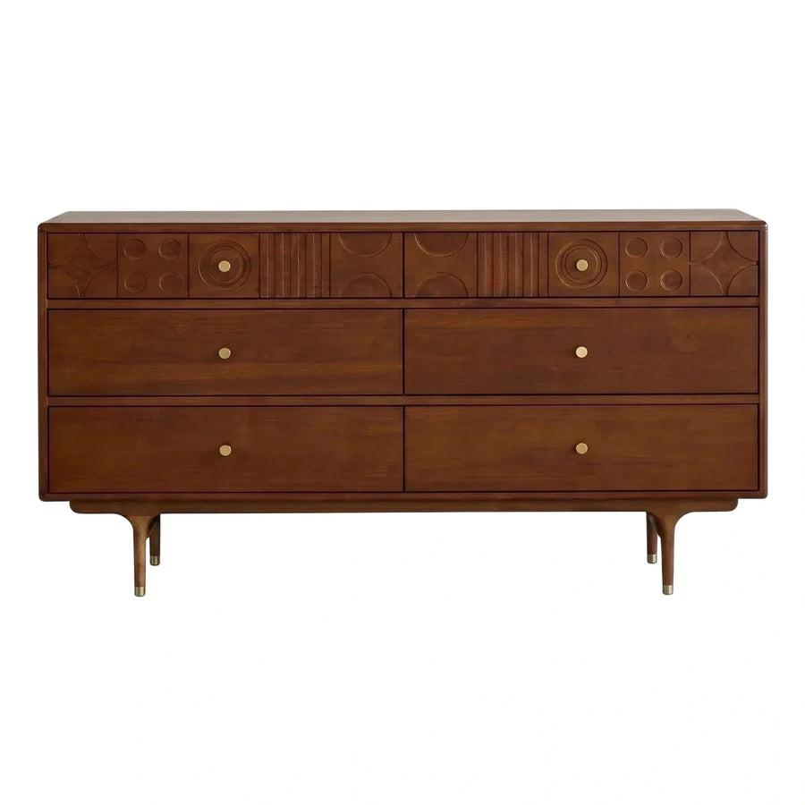 Walnut Wood Dresser with Geometric Drawers and Brass Legs