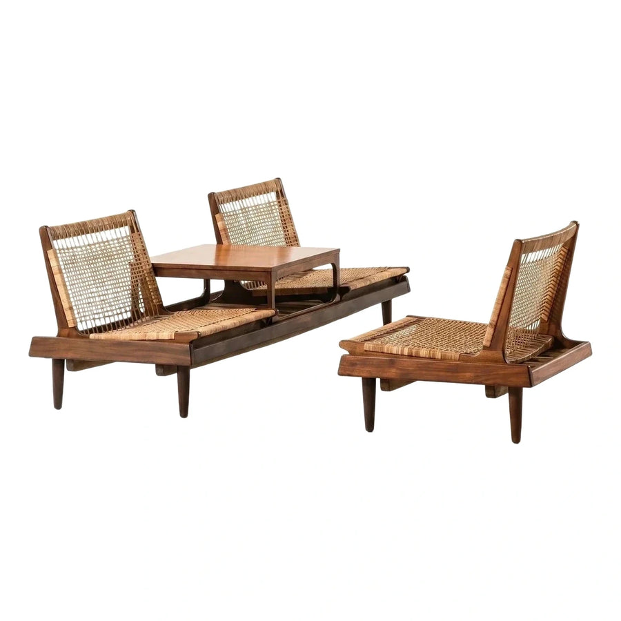Mid-Century Modern Wood and Cane Lounge Set