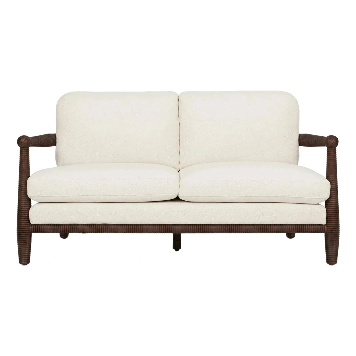 Cream Fabric Loveseat with Dark Brown Ribbed Frame