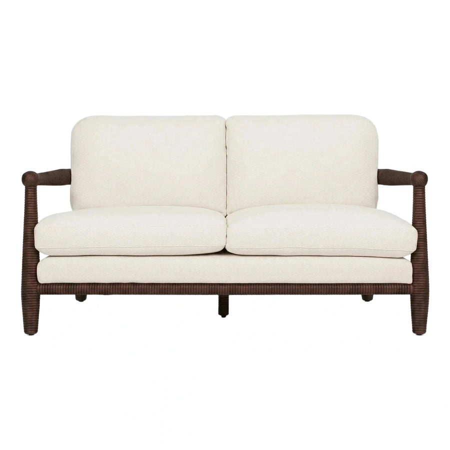 Cream Fabric Loveseat with Dark Brown Ribbed Frame