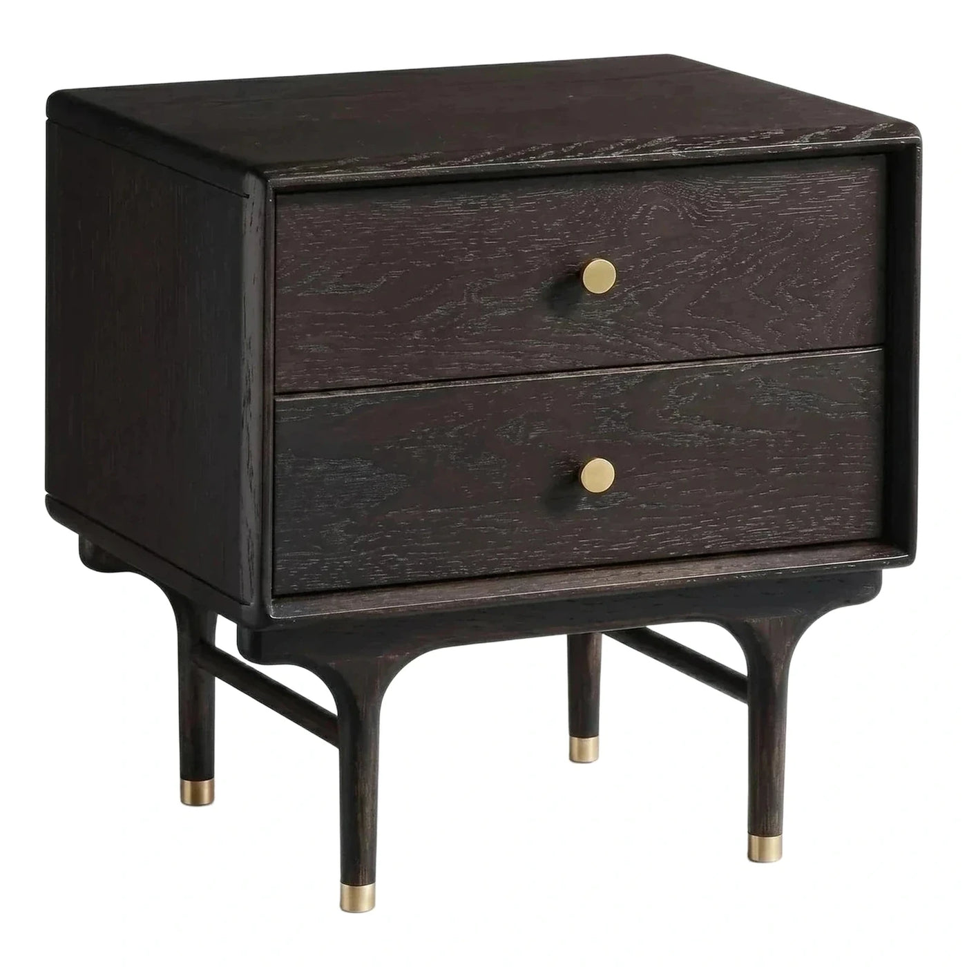 Dark Wood Two-Drawer Nightstand with Brass Accents