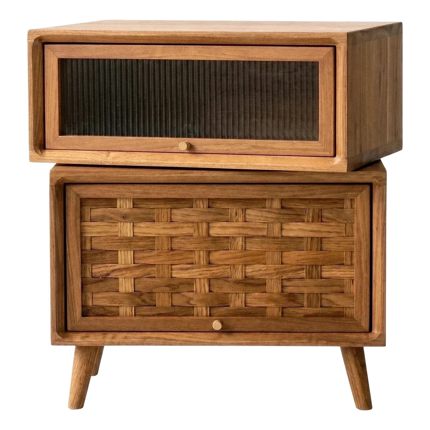 Wooden Nightstand with Fluted and Woven Drawers