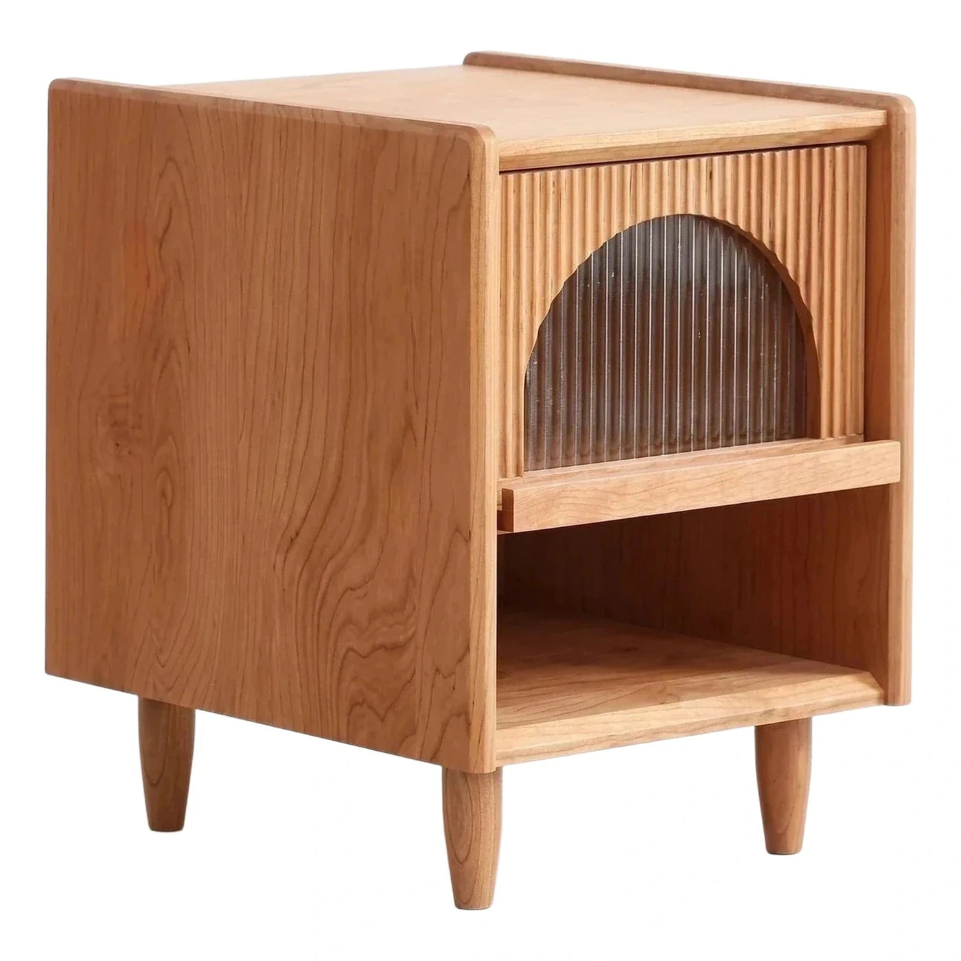 Modern Wood Nightstand with Fluted Door and Shelf