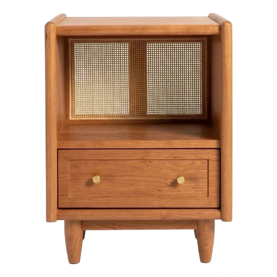 Wooden Nightstand with Cane Back and Drawer