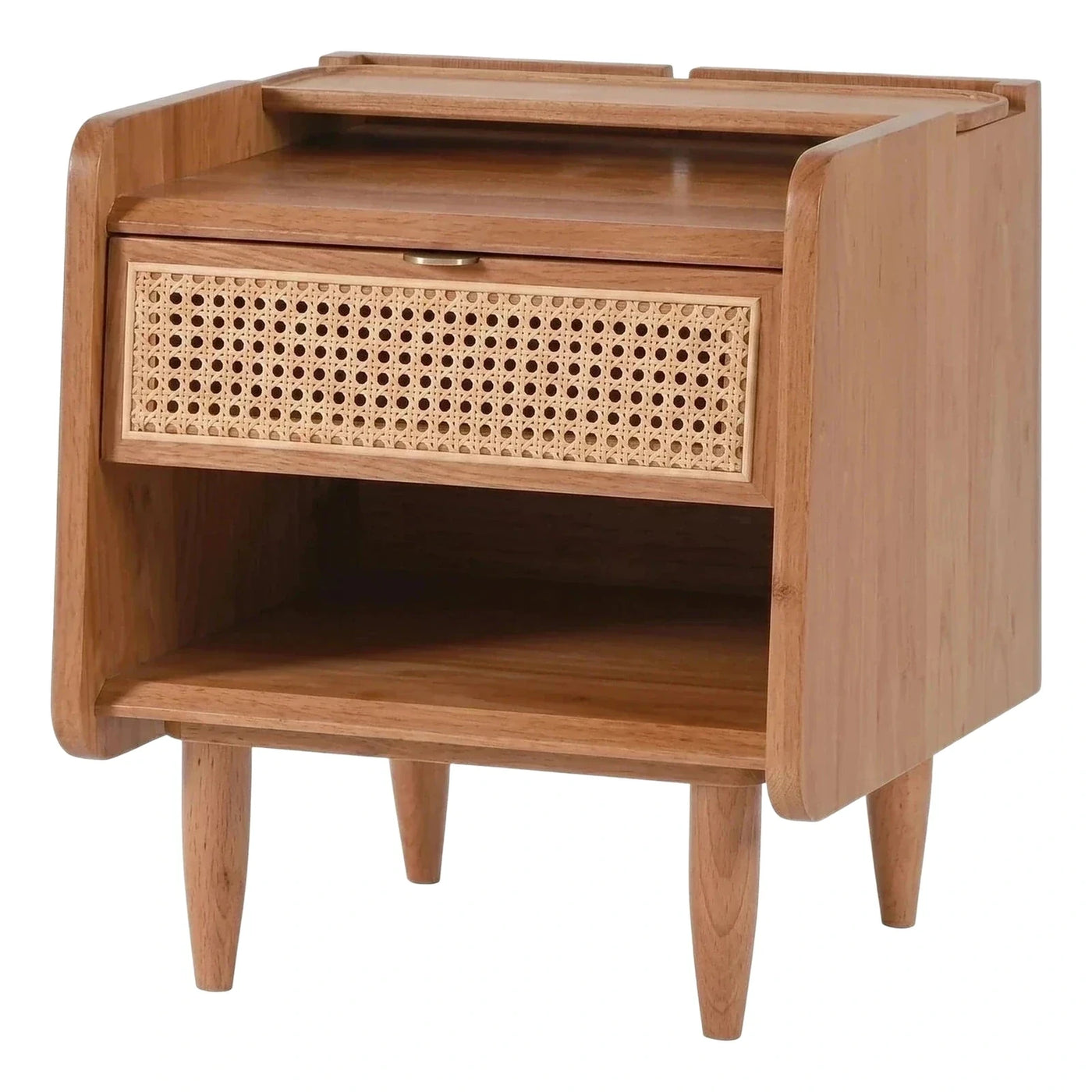 Mid-Century Wood Nightstand with Rattan Drawer