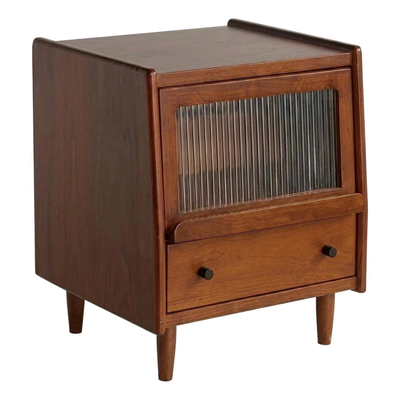 Mid-Century Modern Wood Nightstand with Fluted Glass Door