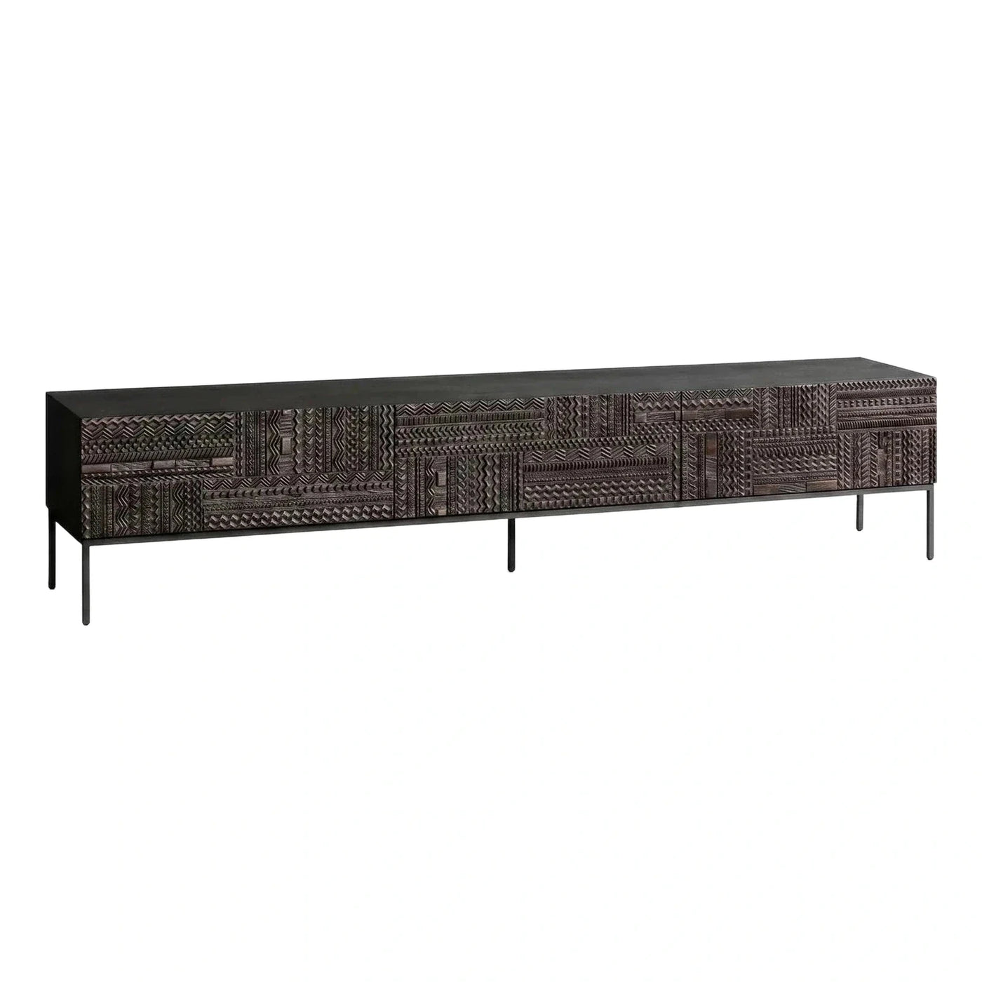 Dark Carved Wood Sideboard with Metal Legs