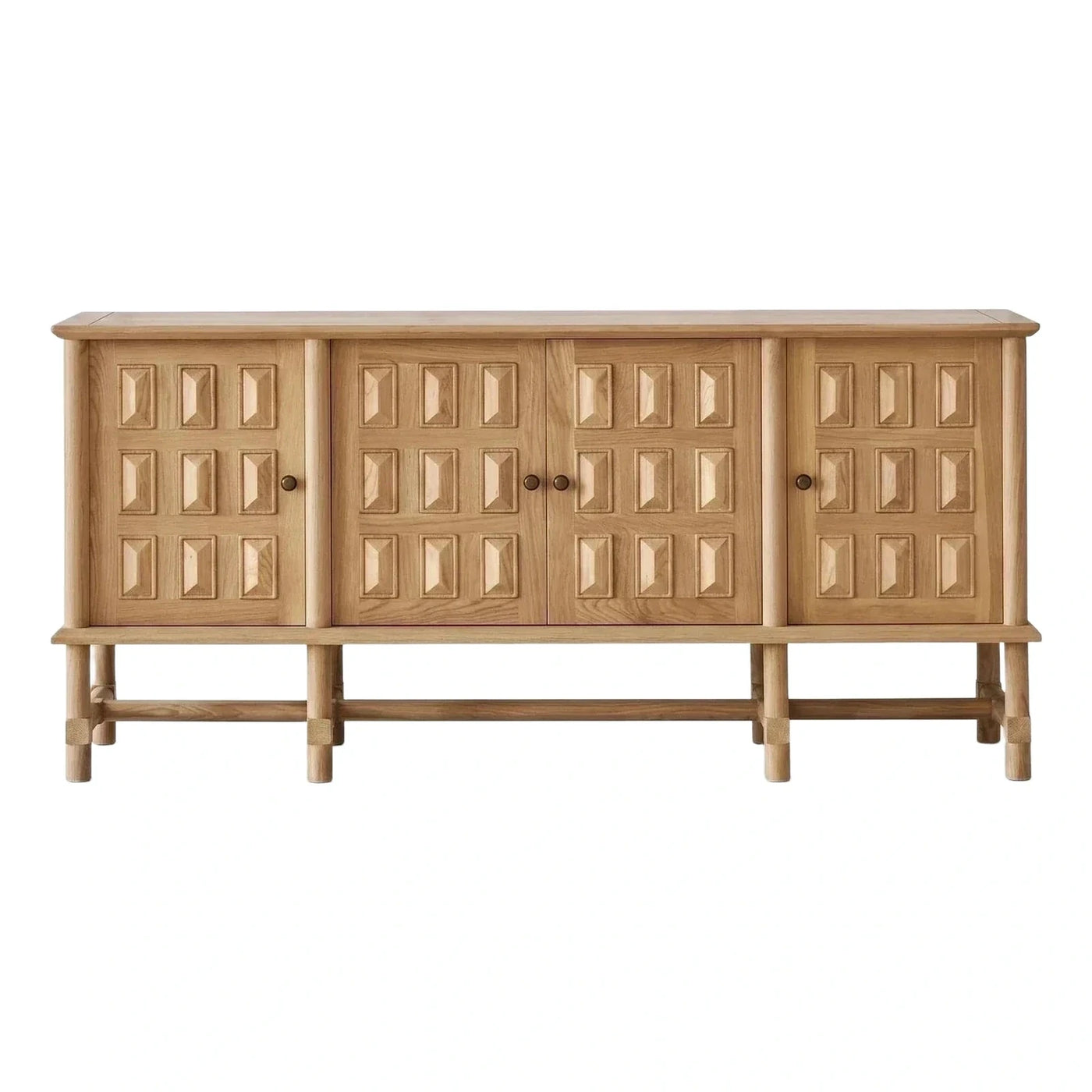 Natural Wood Four-Door Sideboard with Geometric Panels