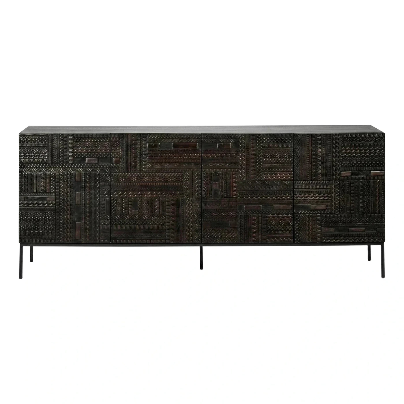 Geometric Carved Dark Wood Sideboard with Metal Legs