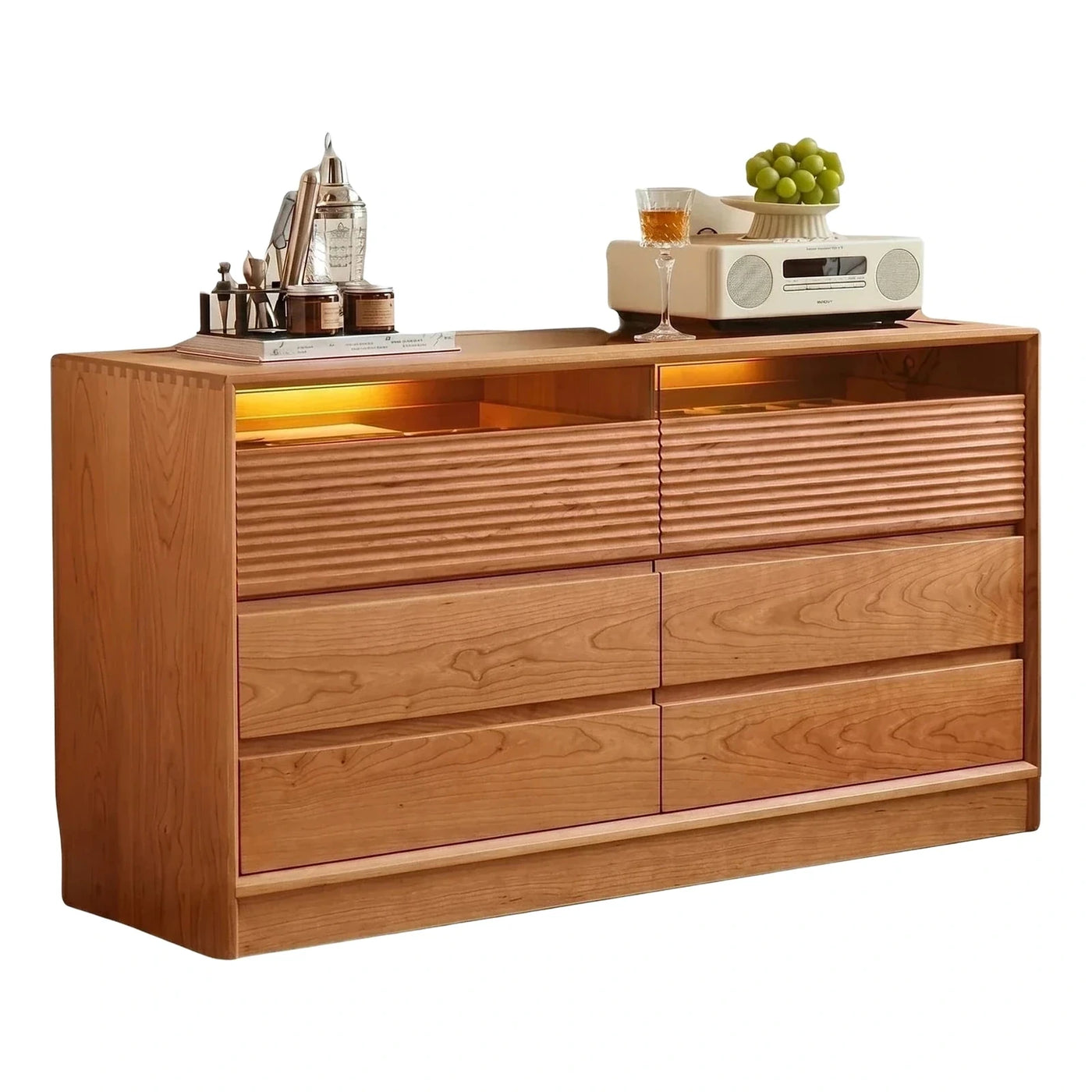 Modern Wood Sideboard with Ribbed Drawers and LED Lights