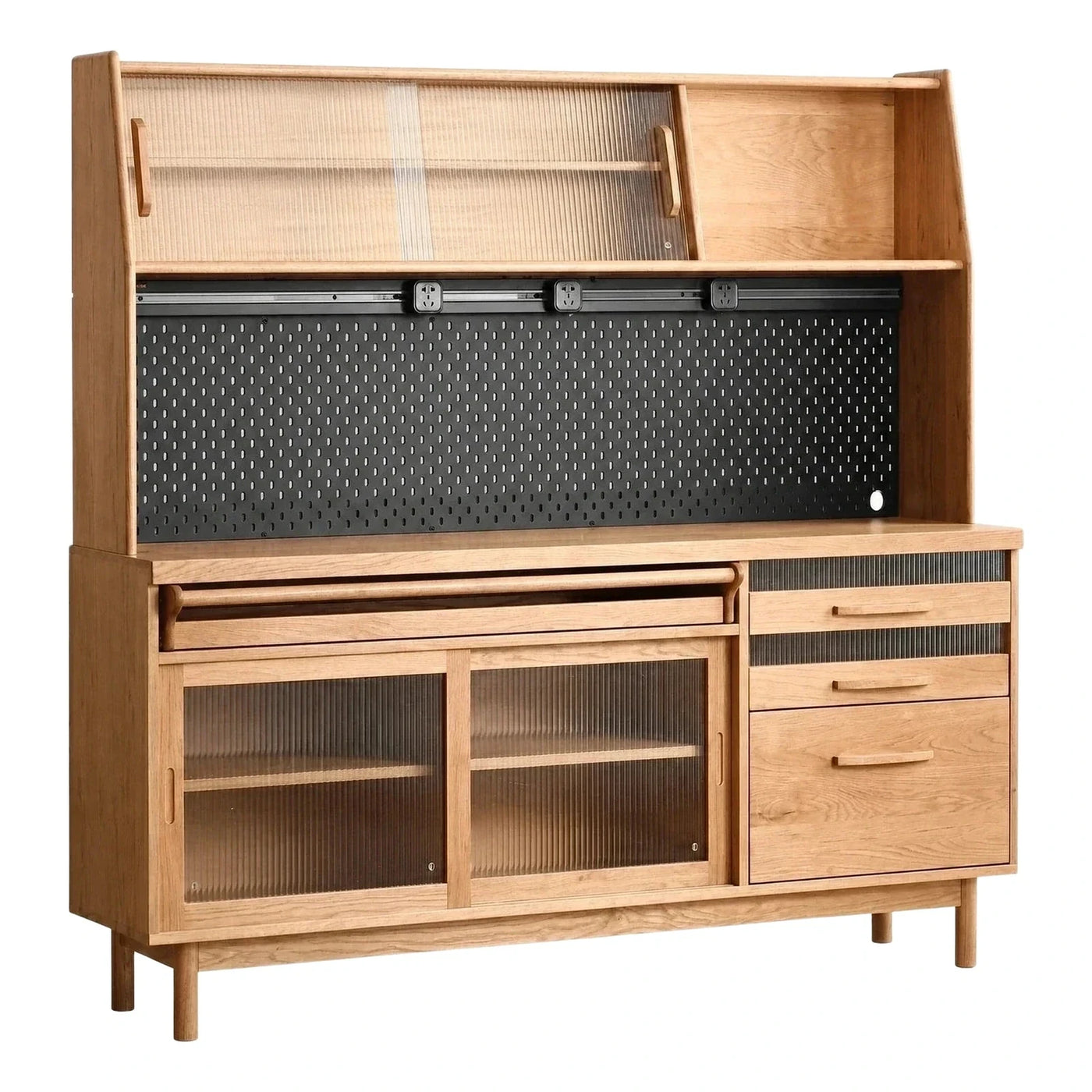 Modern Wood Sideboard with Pegboard and Fluted Glass