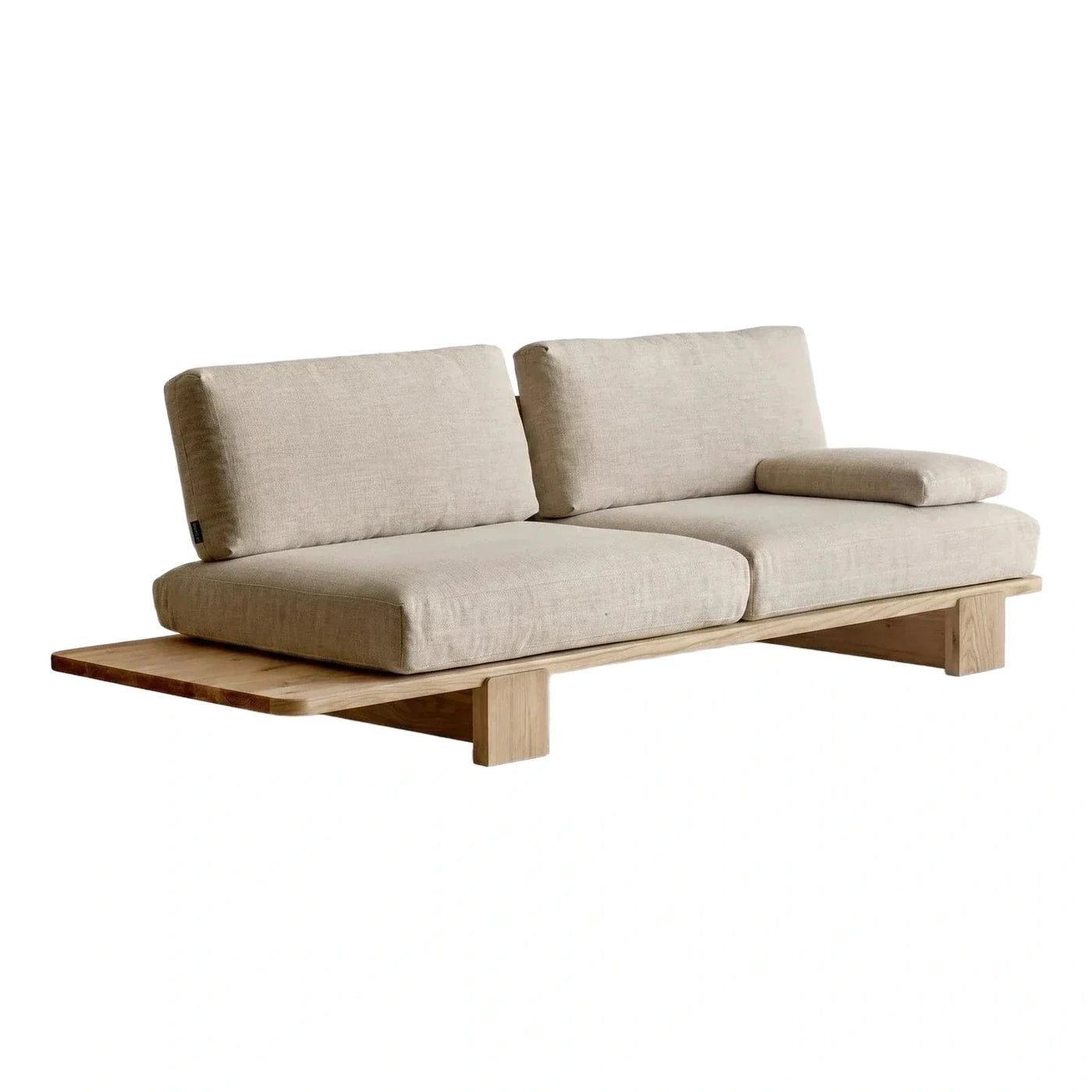 Low Profile Light Wood Platform Beige Fabric Sofa