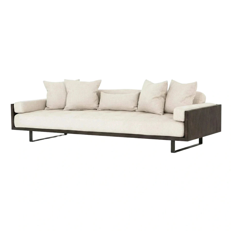 Modern Cream Fabric Sofa with Dark Wood Frame