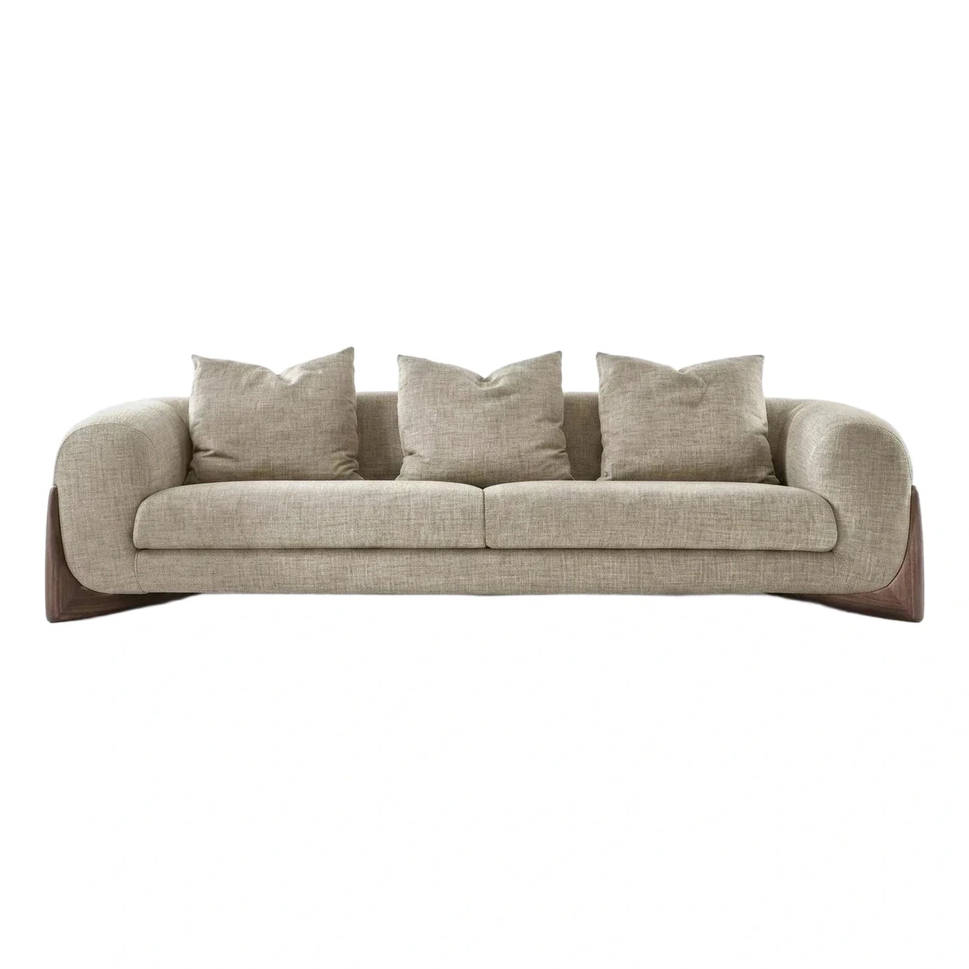 Modern Beige Fabric Sofa with Dark Wood Base