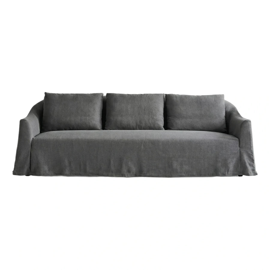 Grey Fabric Three-Seater Sofa with Skirted Base