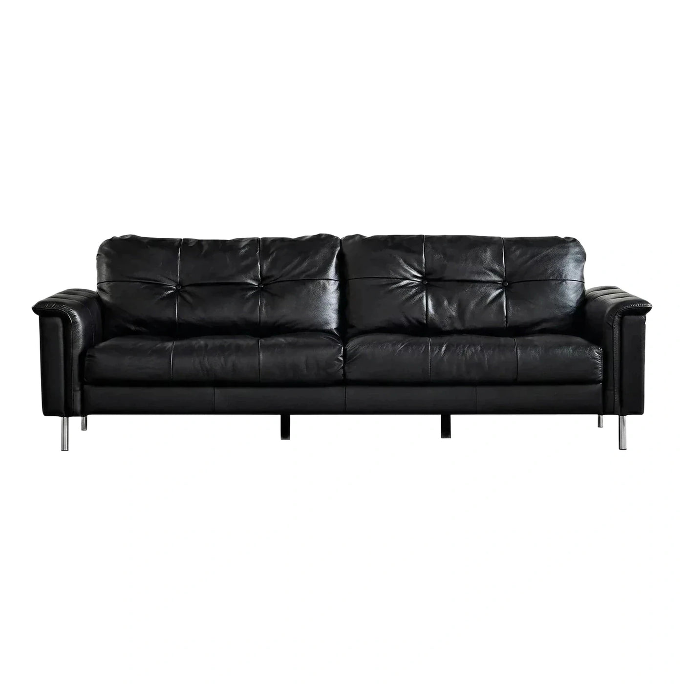 Modern Black Leather Sofa with Button Tufting