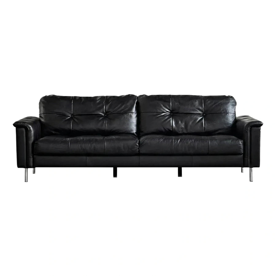 Modern Black Leather Sofa with Button Tufting