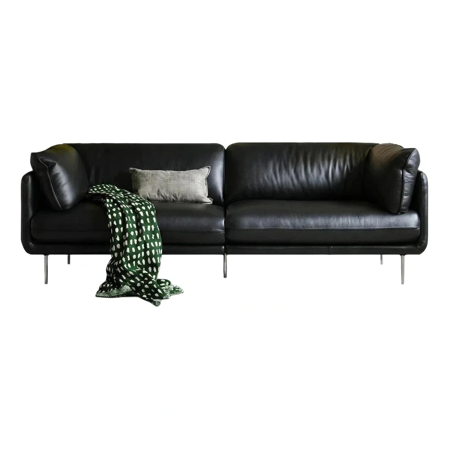 Modern Black Leather Sofa with Metal Legs