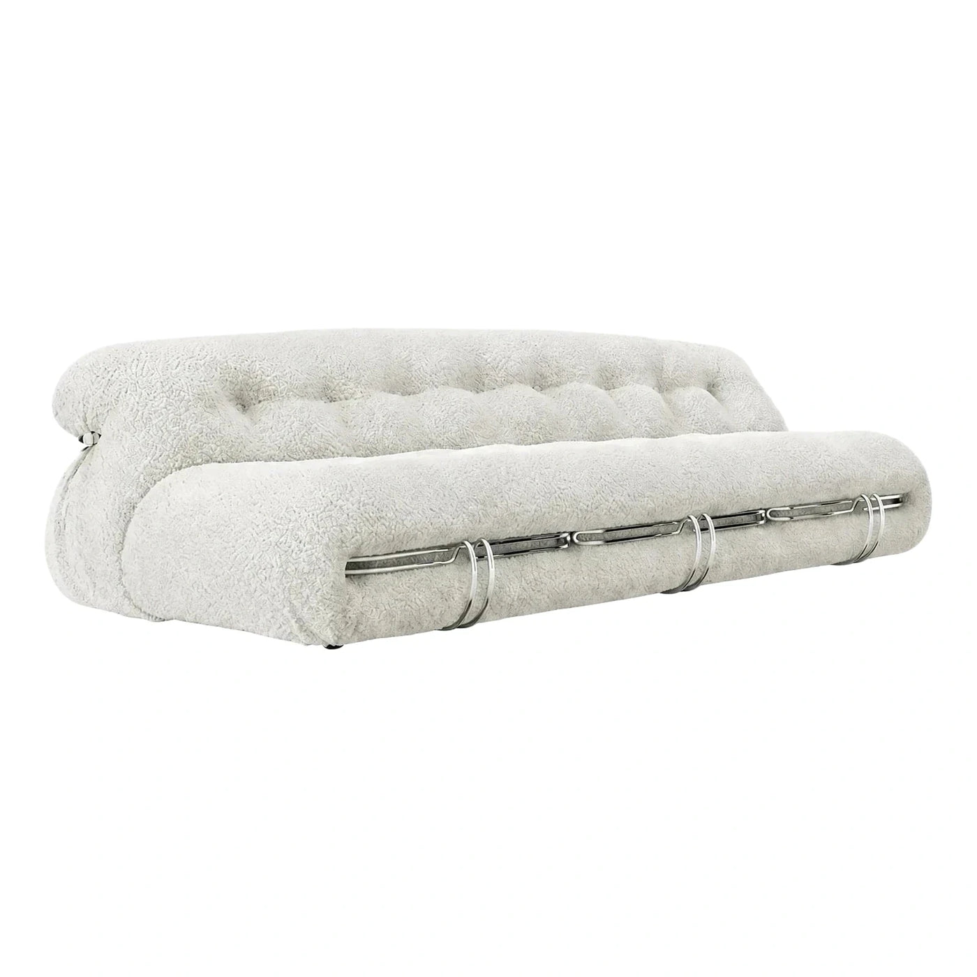 White Boucle Sofa with Chrome Metal Clamp Details