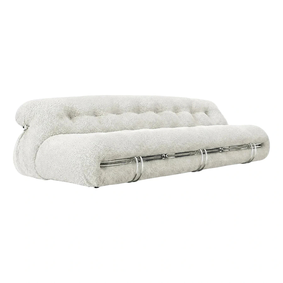 White Boucle Sofa with Chrome Metal Clamp Details