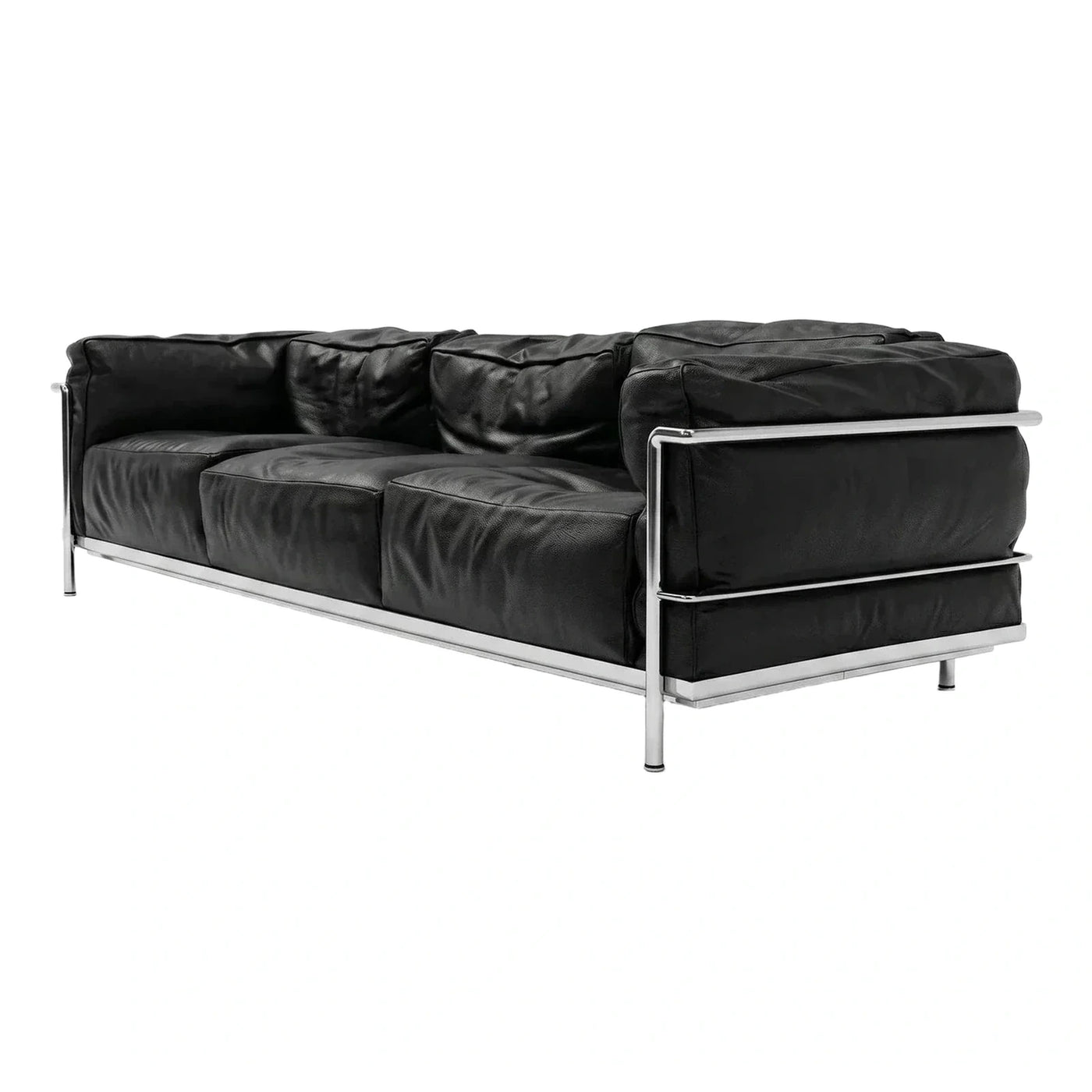 Black Leather 3-Seater Sofa with Tubular Steel Frame