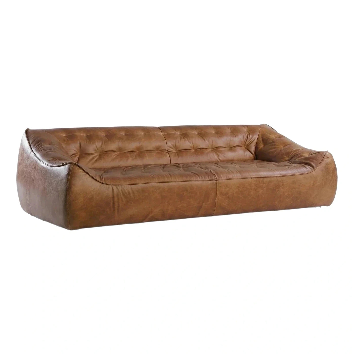 Brown Leather Tufted Low Profile Sofa