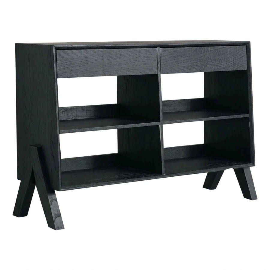 Modern Black Wood Media Console with Open Shelves
