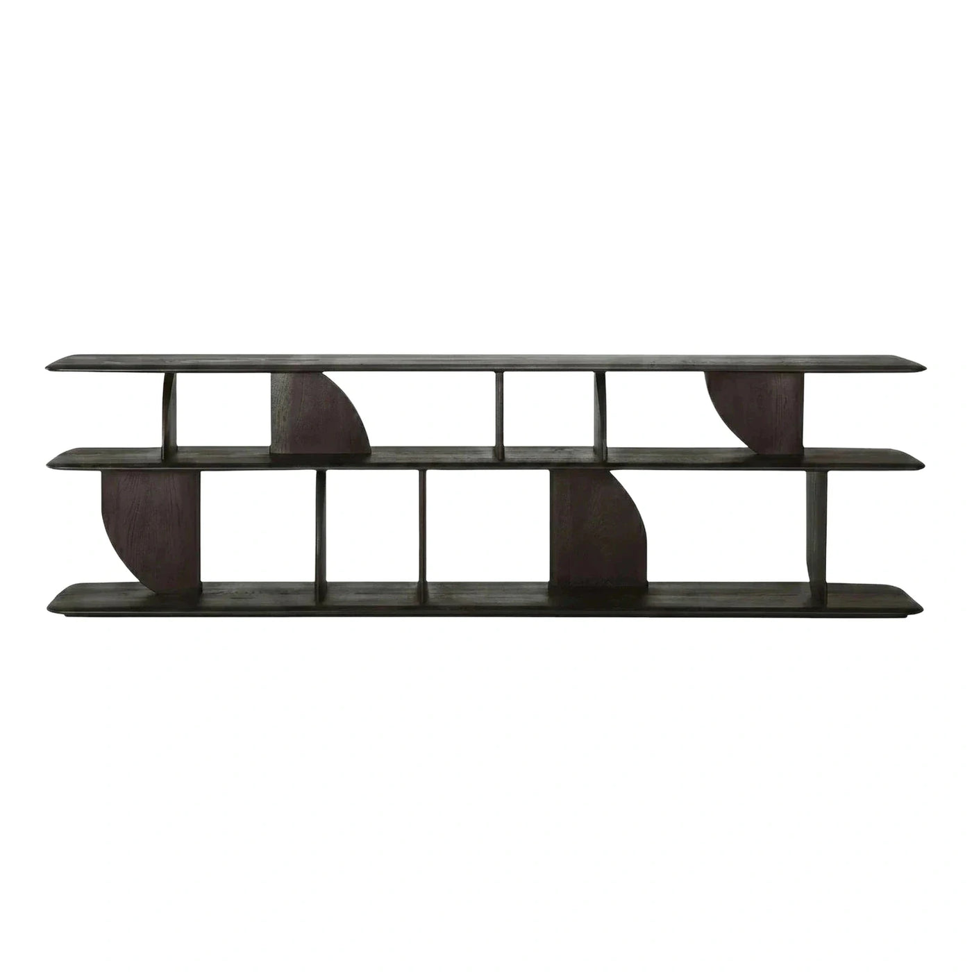 Dark Wood Low Media Console with Geometric Shelves