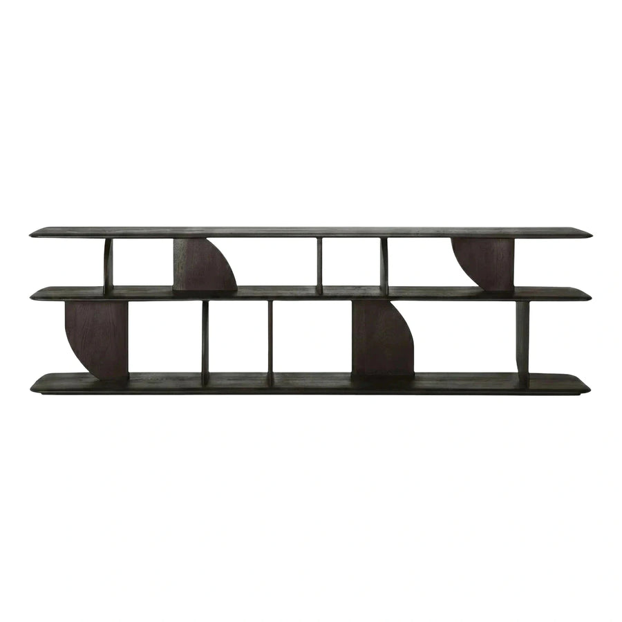 Dark Wood Low Media Console with Geometric Shelves