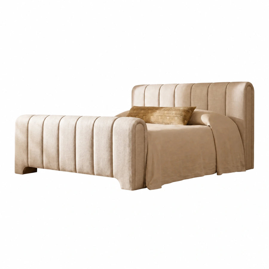 Beige Upholstered Bed with Vertical Channel Tufting