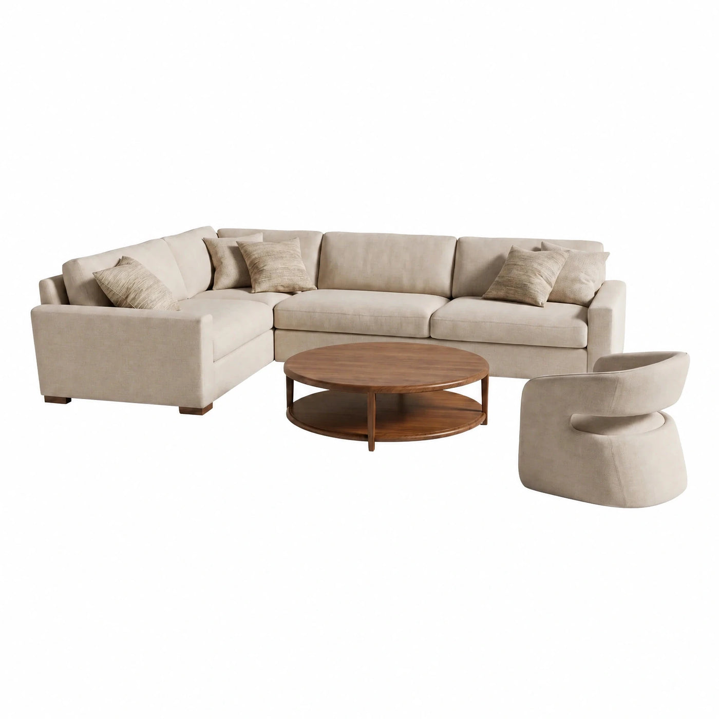Beige Fabric Sectional Sofa Set with Coffee Table