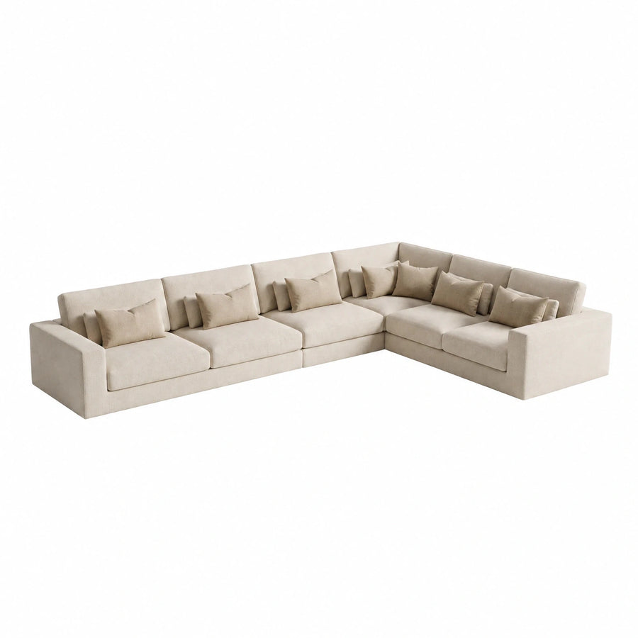 Beige Fabric L-Shaped Sectional Sofa with Throw Pillows