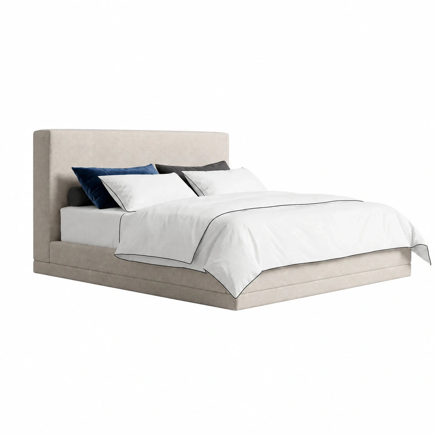 Beige Upholstered Platform Bed with Tall Headboard