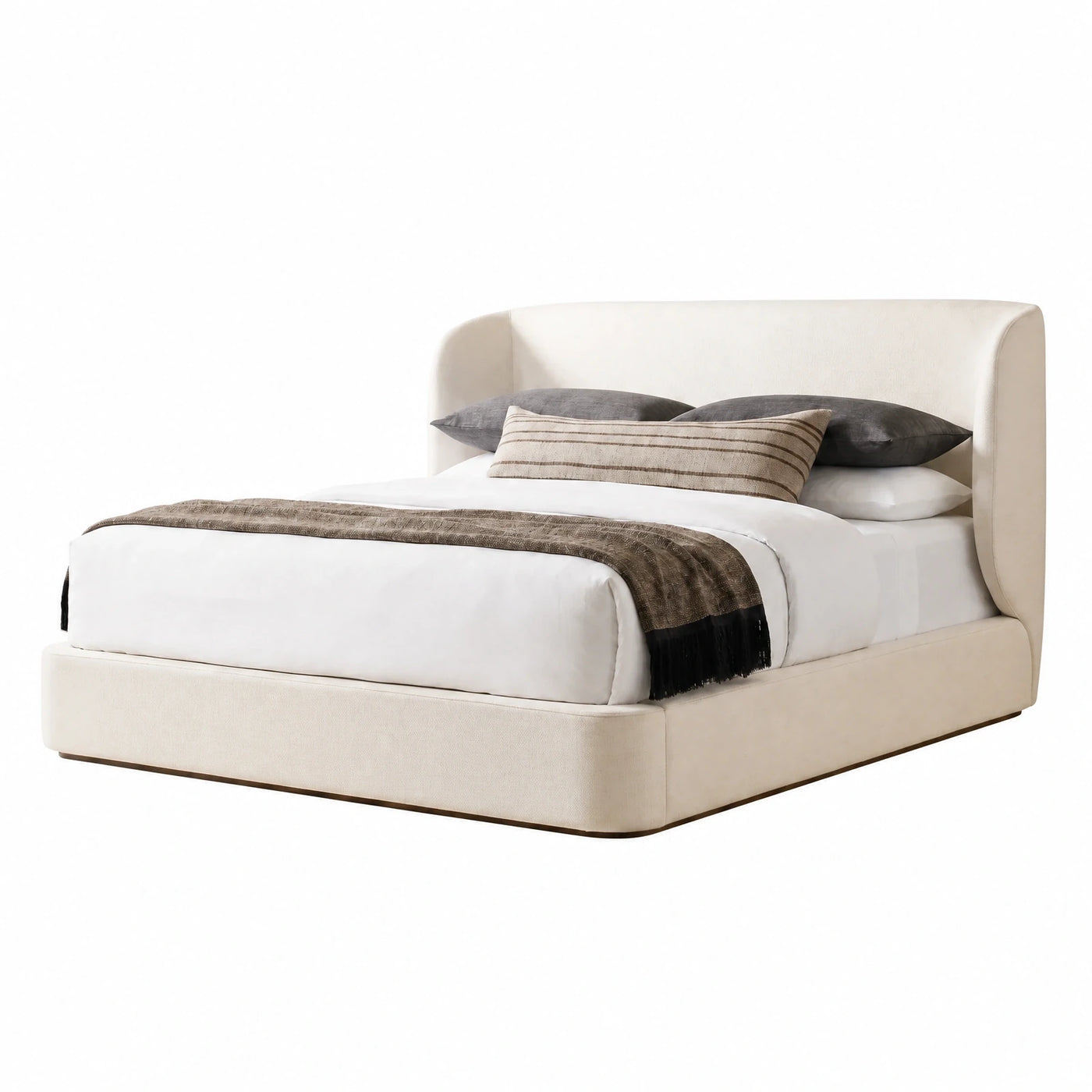Cream Upholstered Platform Bed with Curved Headboard