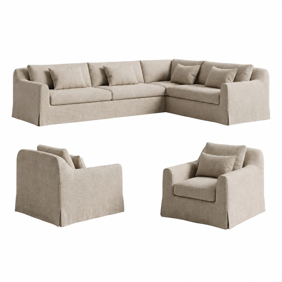 Beige Fabric Sectional Sofa Set with Armchair
