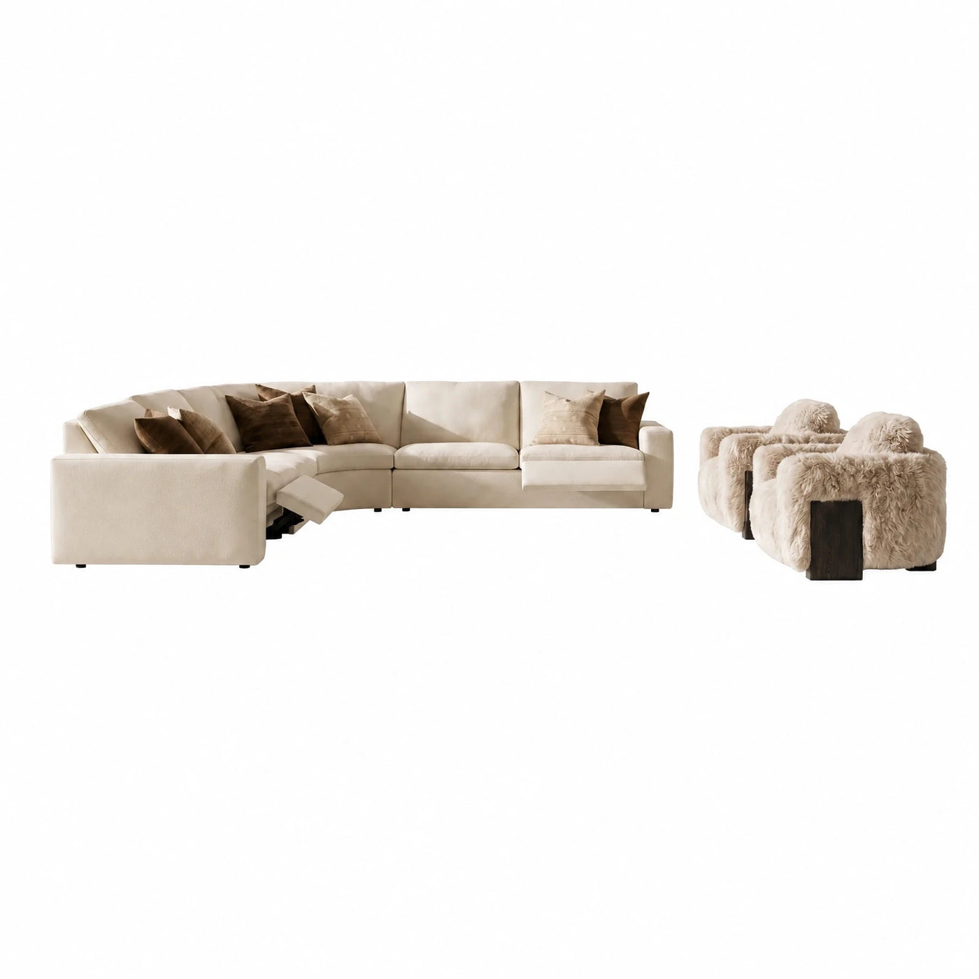 Cream Modular Sectional Sofa with Recliner and Furry Armchairs